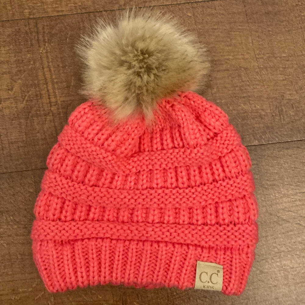 C.C Kids Pink Knit Beanie with Faux Fur Pom